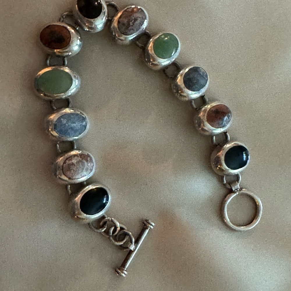 Silpada Multistone Sterling Toggle Bracelet with Green, Black and Brown Stones